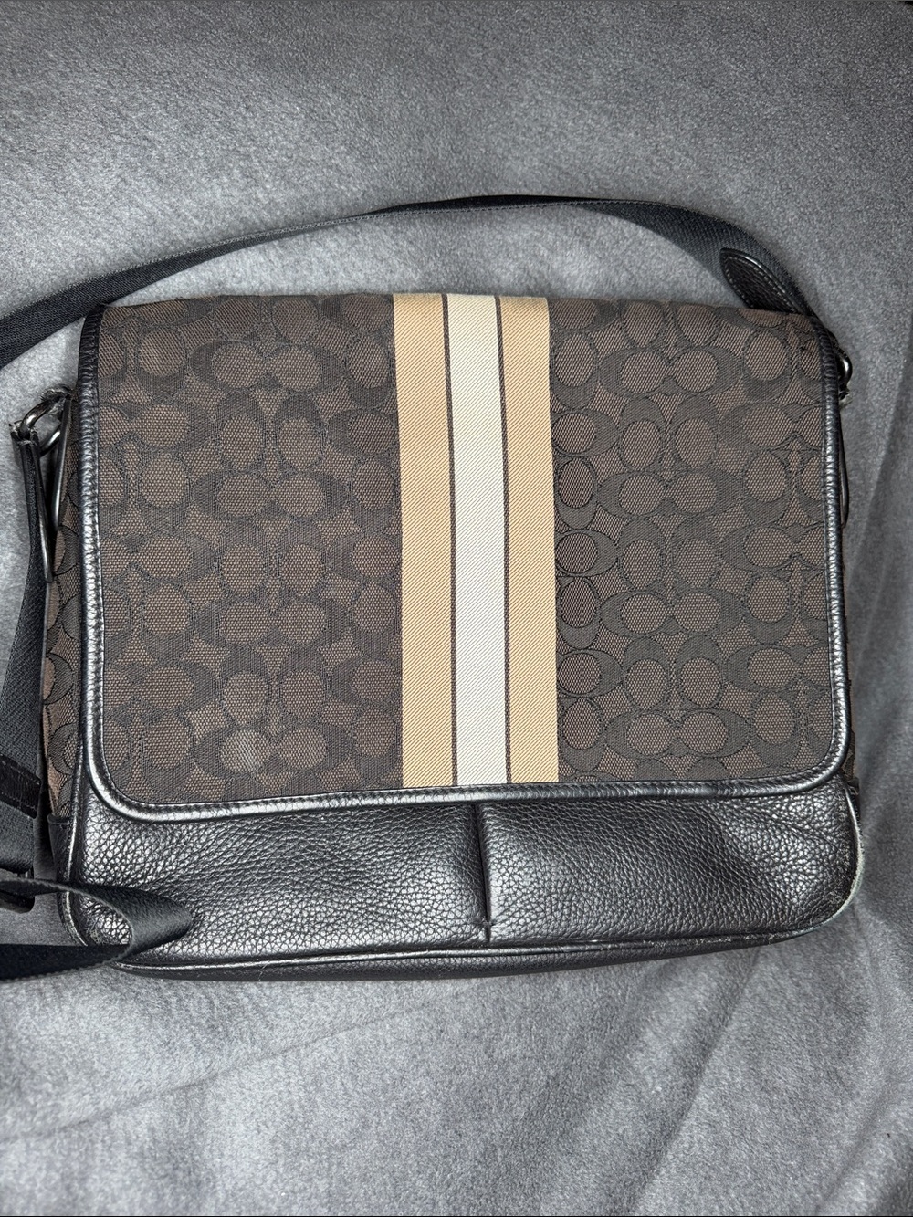 Coach Brown Signature Canvas Messenger with Beige Stripe